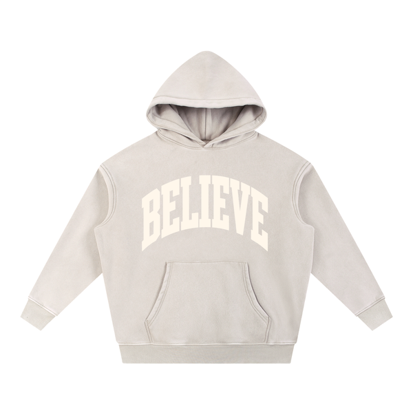 BELIEVE fleece oversize snow wash Christian hoodie, view 2