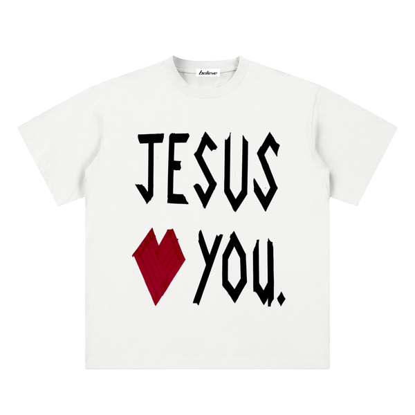 Jesus Loves You Tape  Sueded Cotton T-Shirt