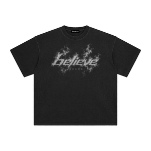 Black t-shirt with a logo on a white background christian apparel believe brand 