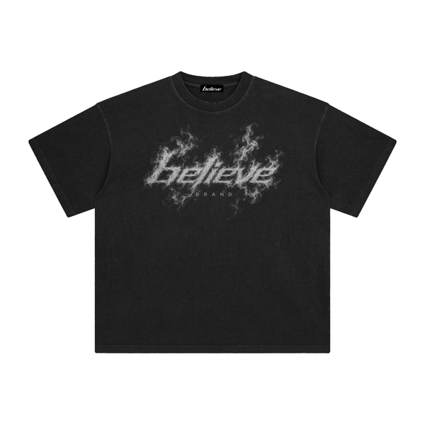 Black t-shirt with a logo on a white background christian apparel believe brand 