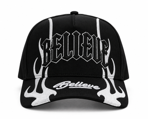 BELIEVE Snapback Silver Flame Cap - front view with 3D embroidered BELIEVE logo and metallic silver flame detailing