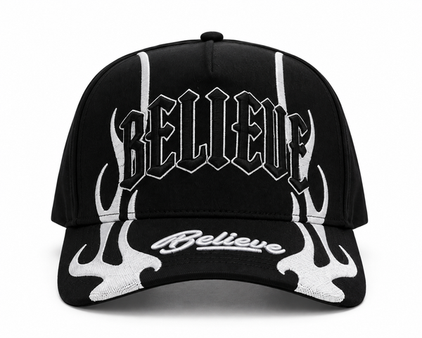 BELIEVE Snapback Silver Flame Cap - front view with 3D embroidered BELIEVE logo and metallic silver flame detailing