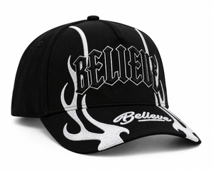 BELIEVE Snapback Silver Flame Cap - close-up detail of the embroidered BELIEVE logo and metallic stitching
