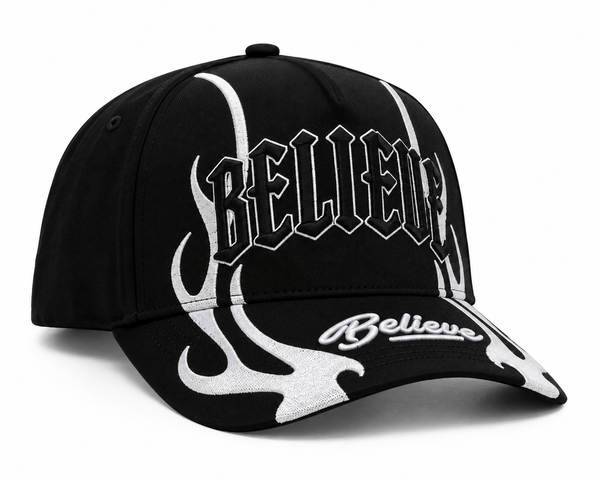 BELIEVE Snapback Silver Flame Cap - close-up detail of the embroidered BELIEVE logo and metallic stitching