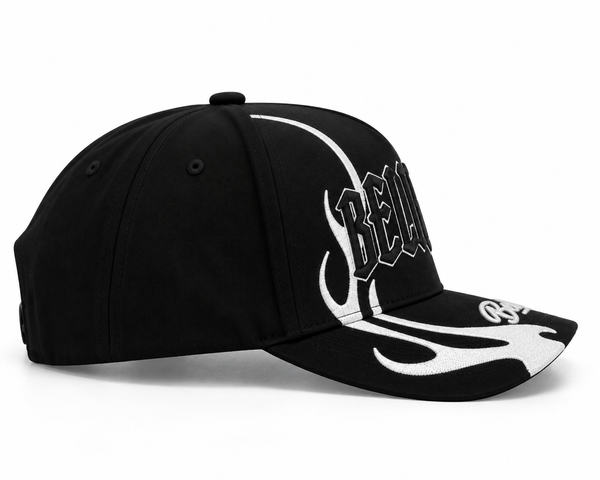 BELIEVE Snapback Silver Flame Cap - side profile showing cursive Believe embroidery and flame stitching on the brim