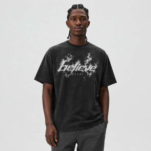 Black t-shirt with a logo on a white background christian apparel believe brand 