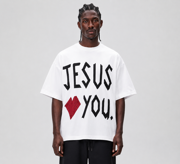 Jesus Loves You Tape  Sueded Cotton T-Shirt