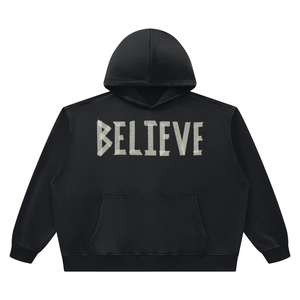 Black 'Work In Progress' heavyweight vintage wash boxy Christian hoodie by Believe Brand Co.
