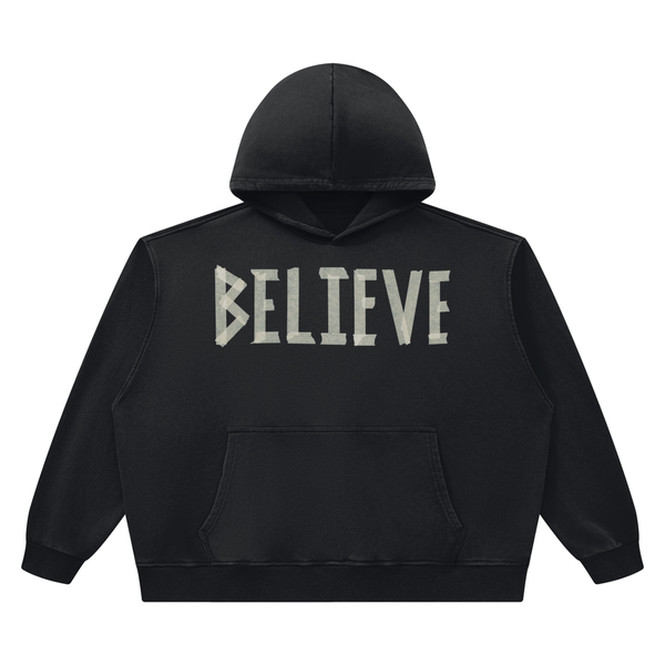 Black 'Work In Progress' heavyweight vintage wash boxy Christian hoodie by Believe Brand Co.
