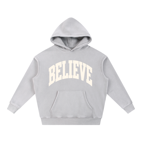 BELIEVE fleece oversize snow wash Christian hoodie, view 3